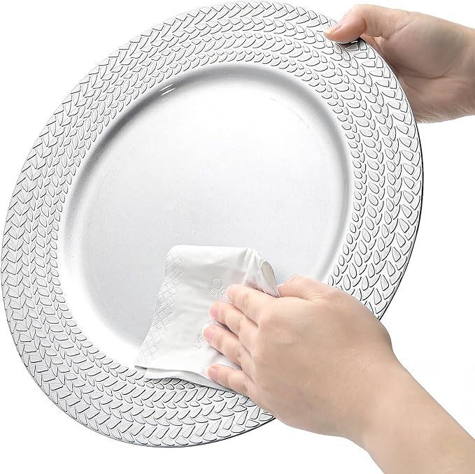 SOUJOY 12 Pack Silver Charger Plates, 13 Inch Plastic Dinner Plate, Leaf Trim Antique Charger Plate for Weddings, Parties, Anniversary, Thanksgiving, Christmas