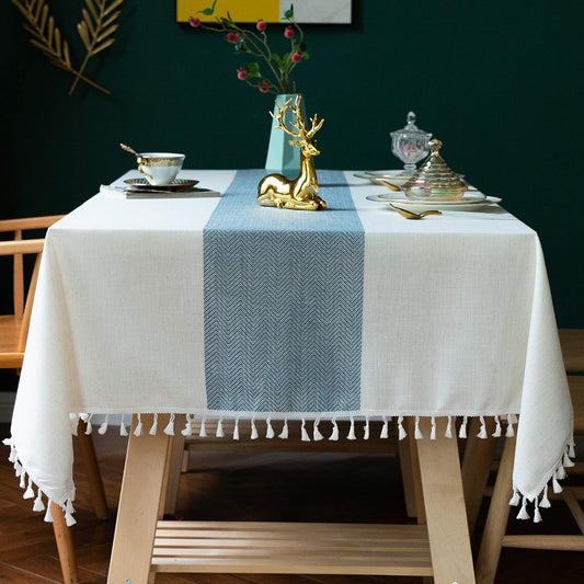 Oubonun Cotton Linen Rectangular Tablecloth - Wrinkle Resistant & Waterproof - Machine Washable Table Cloth with Tassels for Kitchen & Dining, 55''x86'', 6-8 Seats