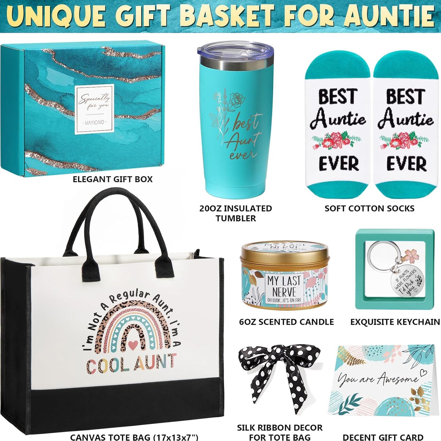 Aunt Gifts from Niece Nephew, Christmas Aunt Gifts for Aunt Auntie Gifts, Best Aunt Ever Gifts Aunt Birthday Gifts Basket for Auntie, Mothers Day Auntie Gifts for Women with Canvas Tote Bag Tumbler
