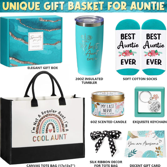 Aunt Gifts from Niece Nephew, Christmas Aunt Gifts for Aunt Auntie Gifts, Best Aunt Ever Gifts Aunt Birthday Gifts Basket for Auntie, Mothers Day Auntie Gifts for Women with Canvas Tote Bag Tumbler