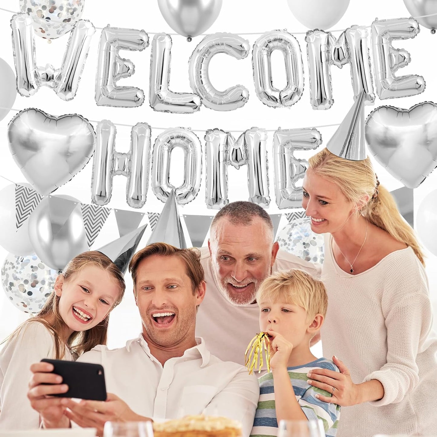 Welcome Home Decorations Silver,Welcome Home Foil Balloon Banner with Confetti Balloons,Silver Heart Balloons Pennant Flag Bunting for Housewarming Baby Shower Home Family Party Supplies