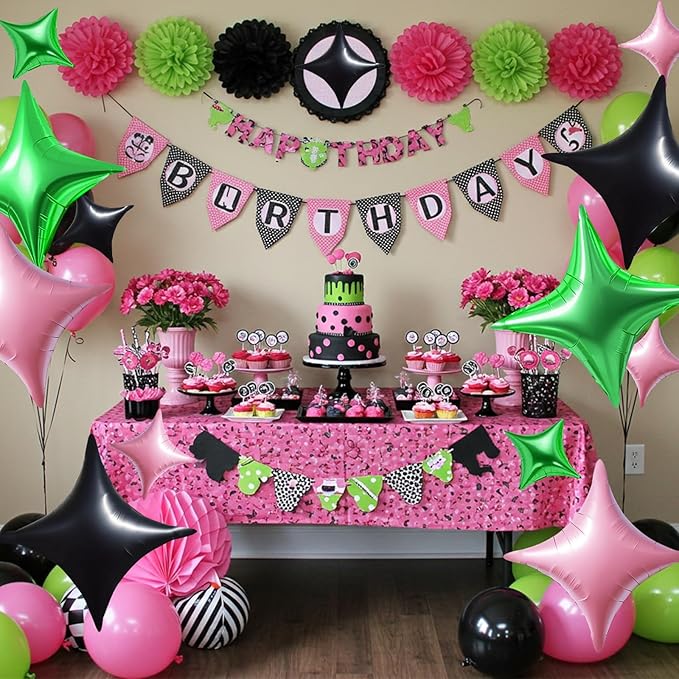 TONIFUL 30Pcs 26In&10In Star Balloons Light Pink Green Black Four Pointed Foil Mini Star Mylar Balloons for Birthday Wedding Baby Shower Anniversary Engagement Party Decor Supplies