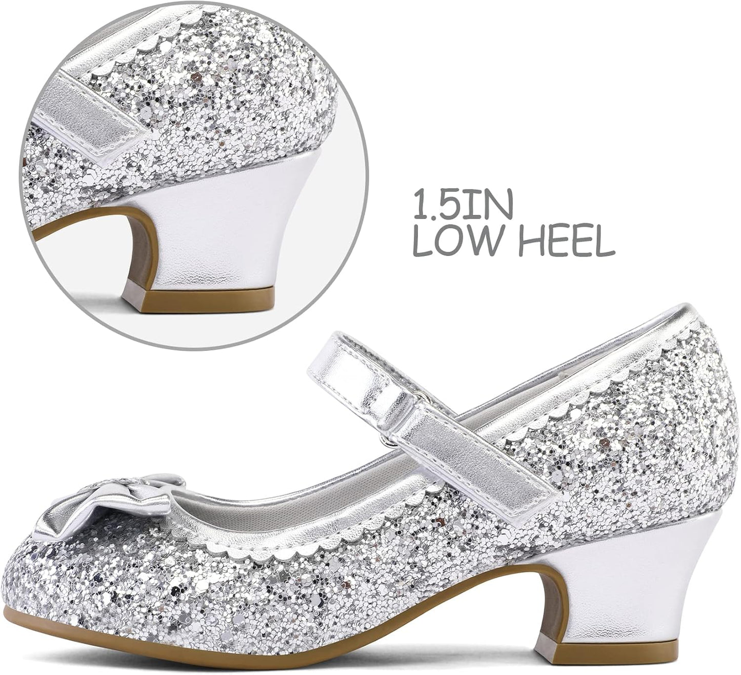 K KomForme Girl's Dress Shoes Mary Jane Glitter 1.5 in Low Heel Wedding Party Princess Shoes for Toddler/Little/Big Kids