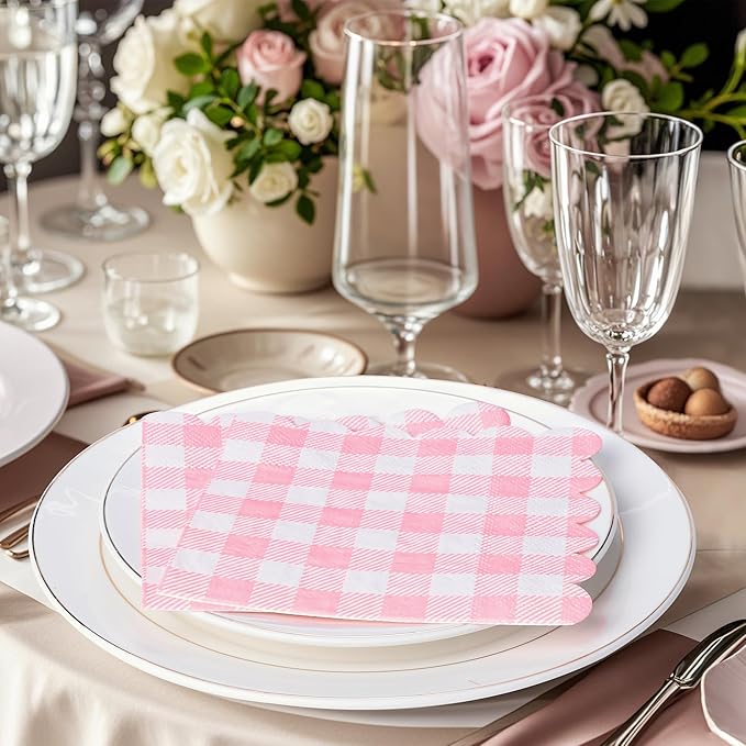 100 Pcs Pink Napkins Scalloped Plaid Cocktail Napkins Folded 5 x 5 Inches Disposable Napkins for Wedding Birthday Party