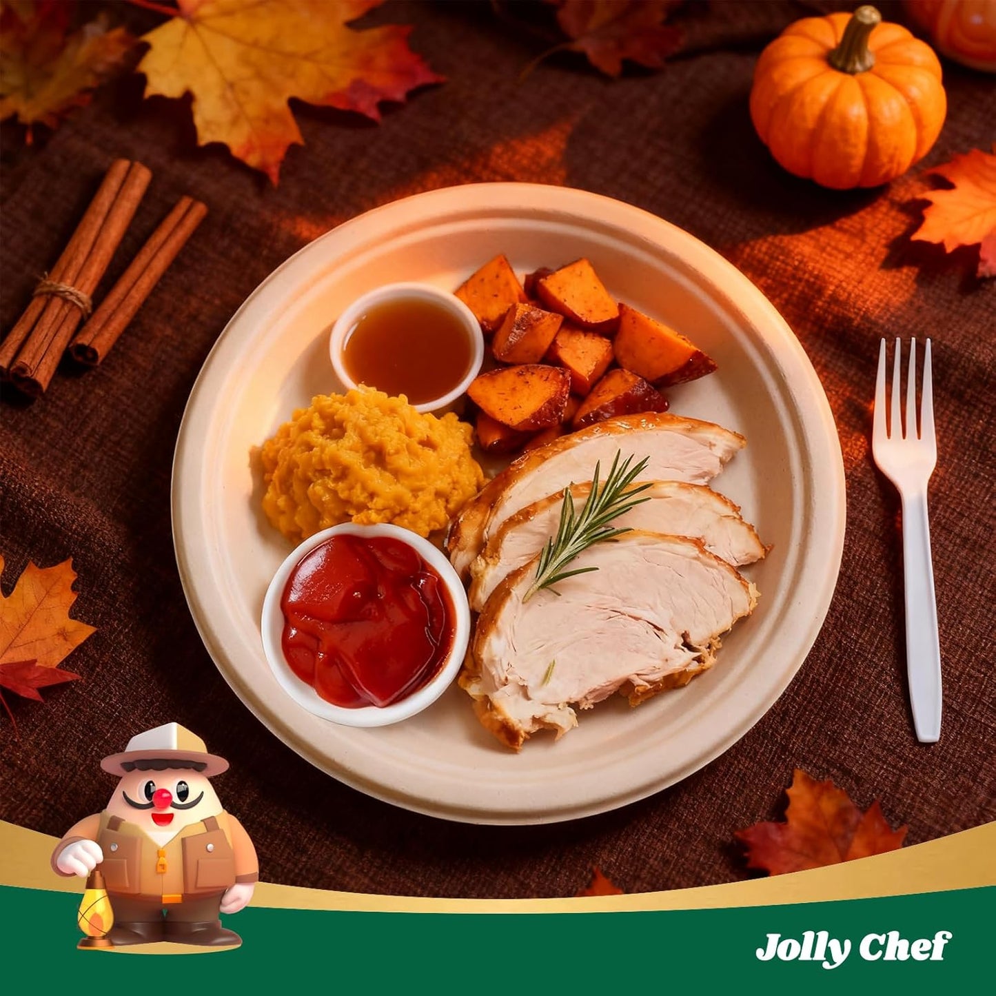 JOLLY CHEF Compostable Heavy Duty Plates 𝟭𝟬 𝗜𝗻𝗰𝗵 [𝟯𝟬𝟬 𝗣𝗮𝗰𝗸] Eco-Friendly Disposable Paper Plates Made of Bagasse Biodegradable Bulk for Party Dinner Sugarcane Fibers Round (Natural)