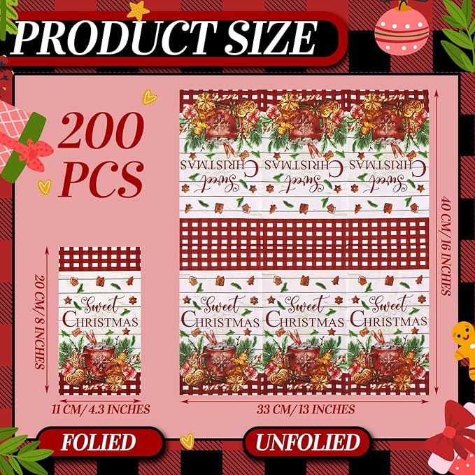 Karenhi 200 Pcs Christmas Gingerbread Napkins 2 Ply Red and White Buffalo Plaid Xmas Paper Napkins Disposable Hand Towel for Bathroom Decorative Napkin Paper Hand Towels Christmas Decorations