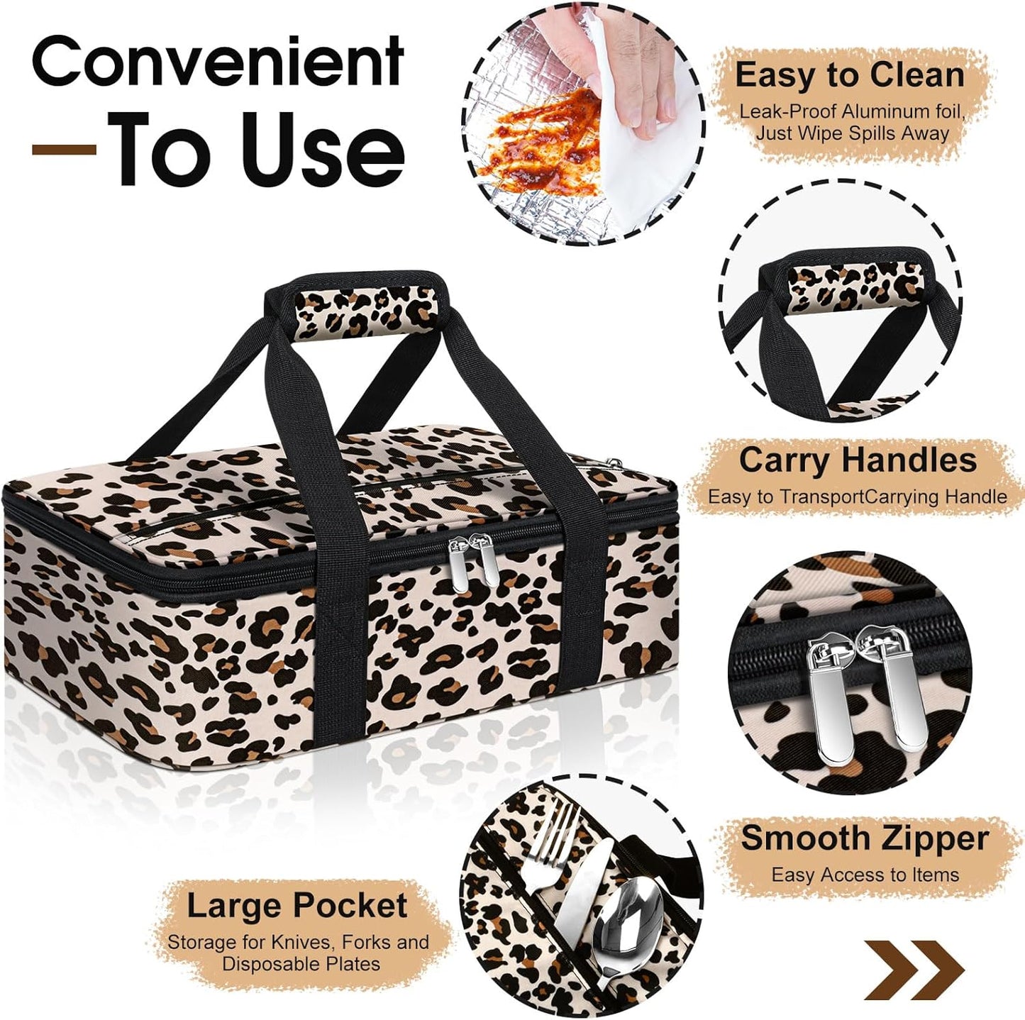 Insulated Casserole Carrier, Portable Casserole Carrier for Hot or Cold Food Lunch Tote Warmer or Cooler Bag, Lasagna Lunch Bag for Potluck Parties- Fits 9" x 13" Baking Dish-Leopard