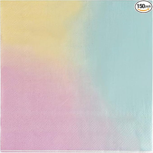 BLUE PANDA Rainbow Paper Napkins - 2-Ply Absorbent Pastel Party Napkins for Rainbow Birthday Events - 6.5 x 6.5 in Folded - Pack of 150