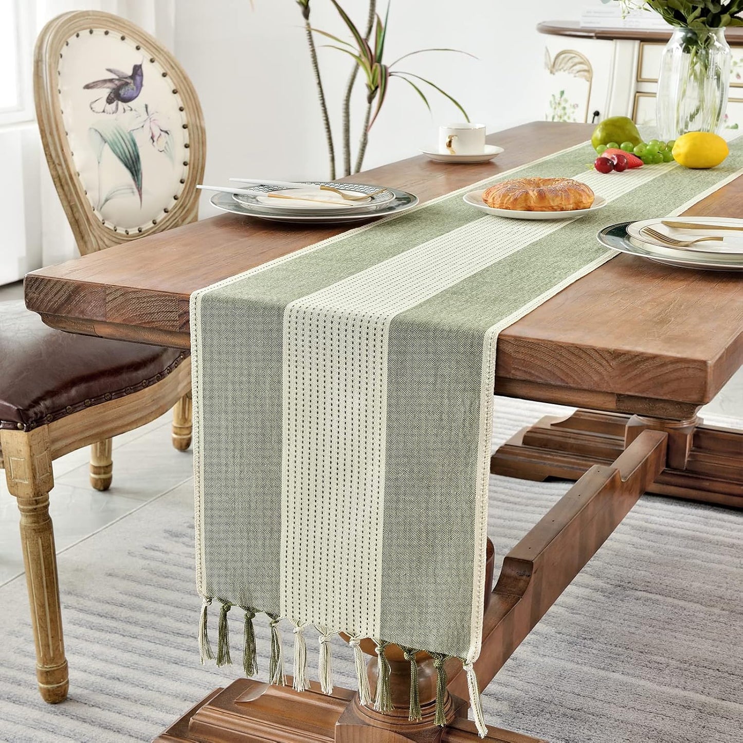 Wracra Linen Table Runner, Farmhouse Macrame Table Runners 36 Inches Long for Dining Table Decor, Wedding, Party and Dresser Decor (Sage Green,36")