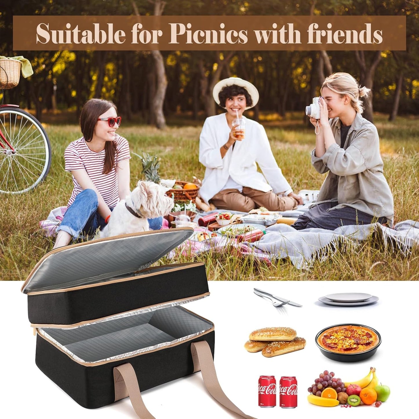 Joyfol Day Double-Decker Insulated Casserole Carrier - Casserole Dish Carrier Hot/Cold Food Tote for Potlucks, Fits 9x13 & 11x15 Pans (Handle-Free) with Heatproof Mat, Black