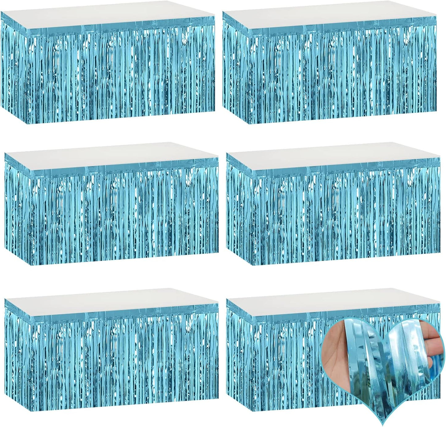 6 Pack 29x108 Inch Light Blue Metallic Foil Fringe Table Skirts Banner for Tinsel Streamer Garland Curtains Backdrop for Parade Floats Wedding Baby Shower Birthday Christmas Halloween Party Decoration