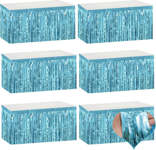 6 Pack 29x108 Inch Light Blue Metallic Foil Fringe Table Skirts Banner for Tinsel Streamer Garland Curtains Backdrop for Parade Floats Wedding Baby Shower Birthday Christmas Halloween Party Decoration