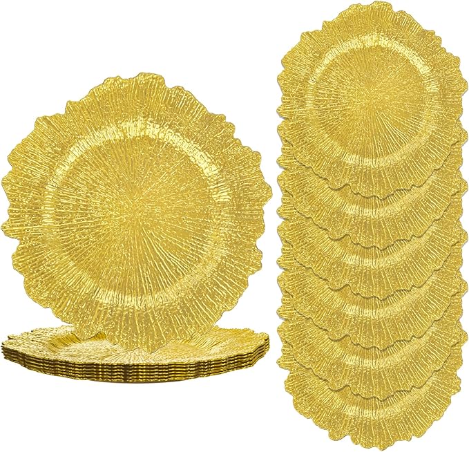 EI 6pcs Gold Charger Plates for Dinner,Gold Chargers Heavy Duty,Round Reef Table Charger Plastic Decorative Plate,Plastic Chargers with Reef Design For Wedding,Party,Afternoon Tea,Valentine's Day
