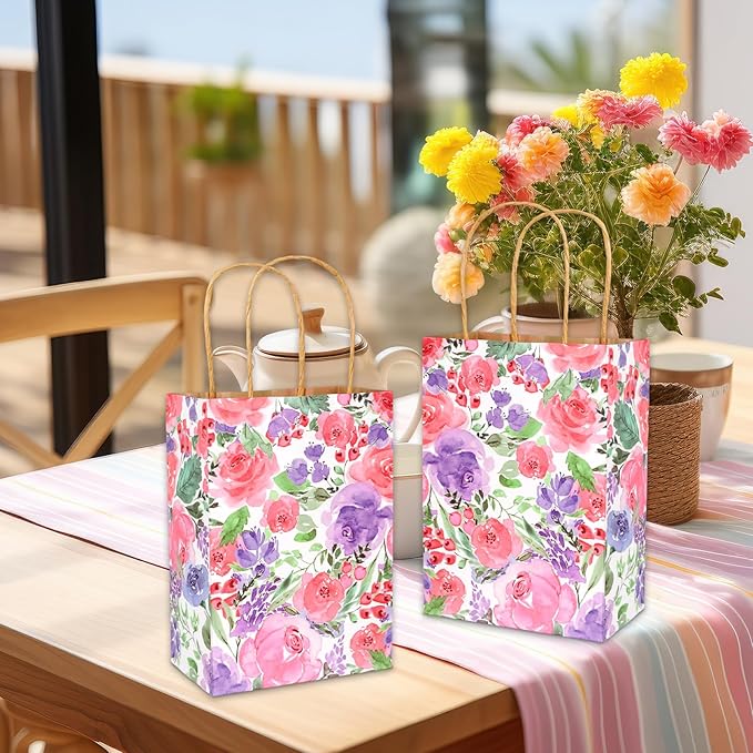 JarThenaAMCS 24Pcs Floral Kraft Paper Bags with Handles Summer Watercolor Purple Flower Treat Gift Bag Blossom Candy Goodie Bag for Wedding Birthday Baby Shower Party Favors Supplies