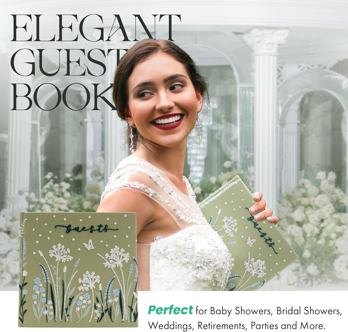 Embroidered Wedding Guest Book—The Perfect Polaroid Guest Book for Wedding Receptions, Birthdays, Baby Showers, and Special Events with 3 Photo corner stickers+ 3 DIY pens+1 Diamond Pen (green)
