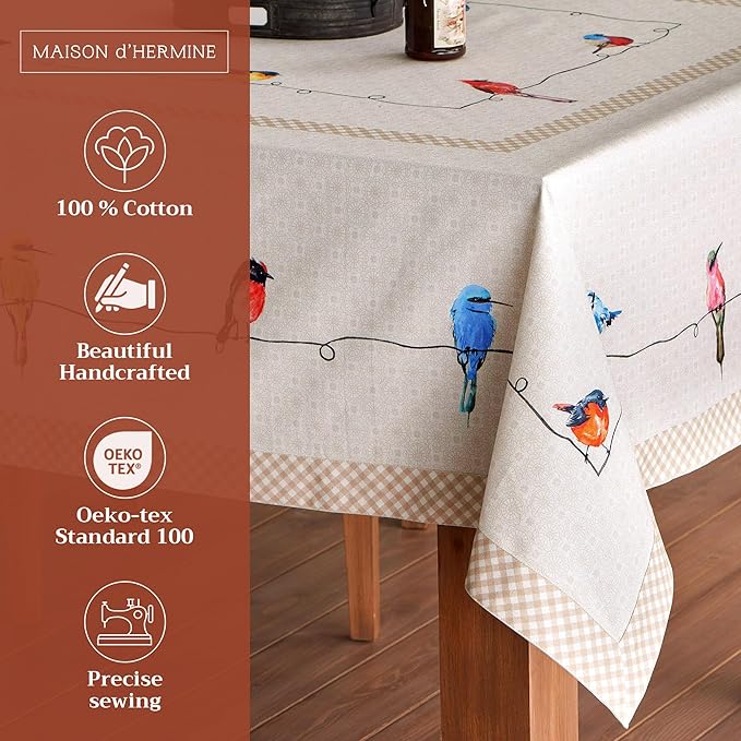 Maison d' Hermine Table Cloth Rectangle Table 100% Cotton 70 x 108 Inches Tablecloth Reusable Decorative for Dining Room Farmhouse Home Valentines Day Decorations Spring Summer - Birdies on Wire