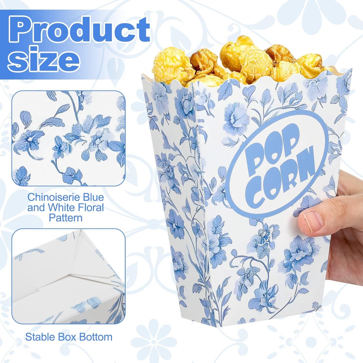 Marspark 50 Pack Blue Floral Party Popcorn Boxes - Chinoiserie Flowers Vintage Paper Popcorn Boxes Individual Servings for Christmas, Birthday, Movie Night, Carnivals
