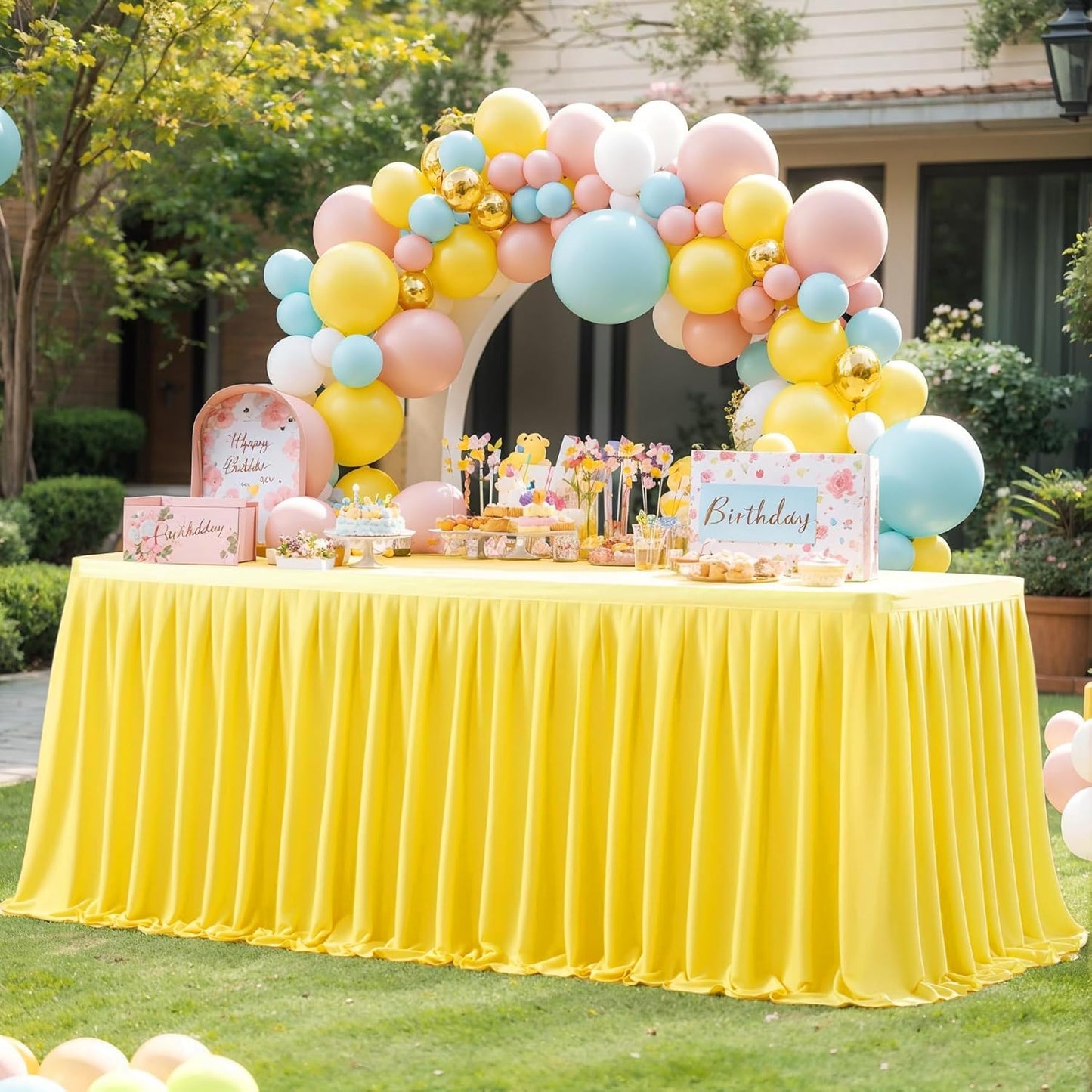Yellow Polyester Table Clothes for 8 Foot Rectangle Tables, Wrinkle Free Fitted Table Cover with Pleated Ruffle Table Skirt for Birthday Party Wedding Trade Show Event Display