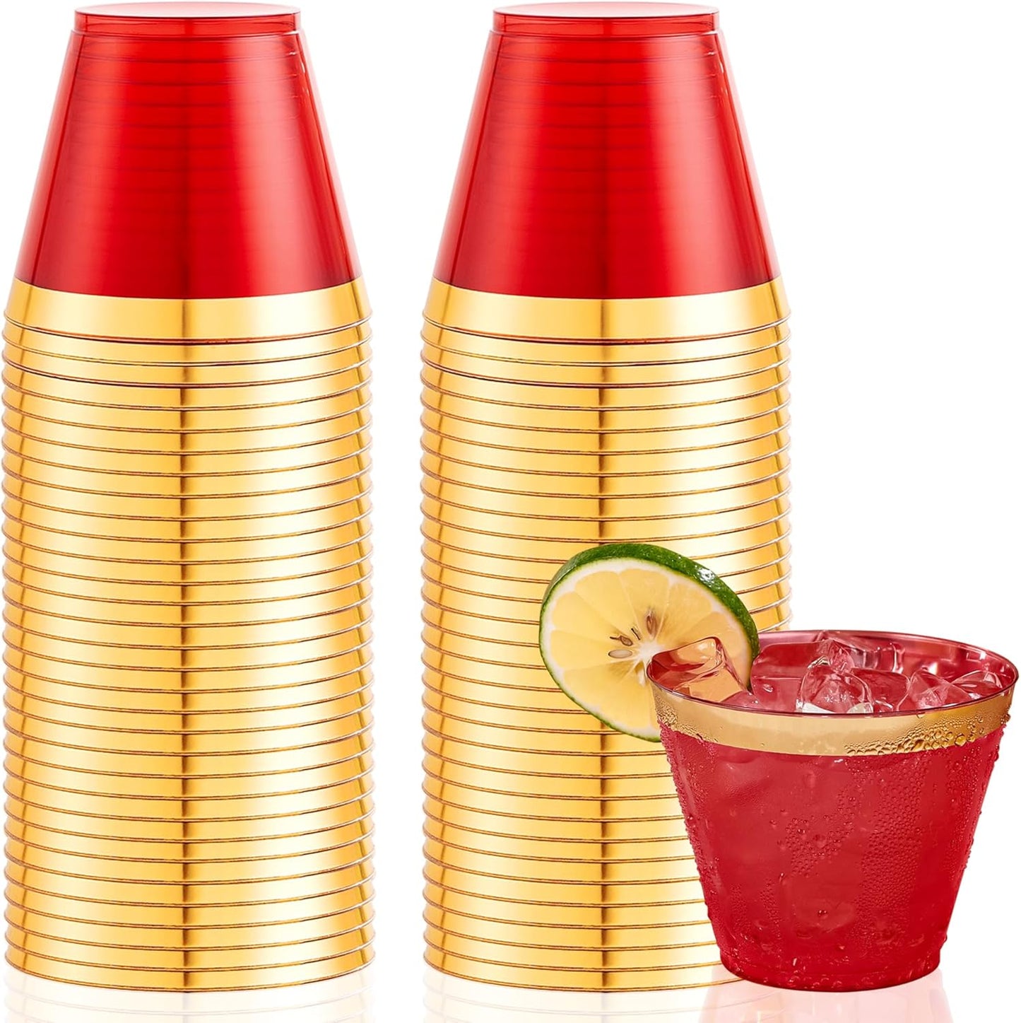 Ciaell 200PCS Red Plastic Cups - 9 Oz Gold Plastic Cups - Heavy Duty Gold Rimmed Disposable Cup - Disposable Wine Glasses with Gold Rim for Party & Wedding & Christmas