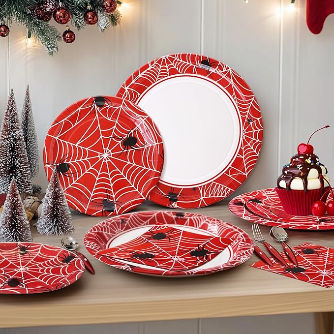 75pcs Spider Party Supplies, 25 Guest Disposable Red Paper Plates & Napkins, Tableware Decorations Favors, Including 9" & 7" Plates & Napkins for Halloween, Birthday, Parties, and Everyday Use