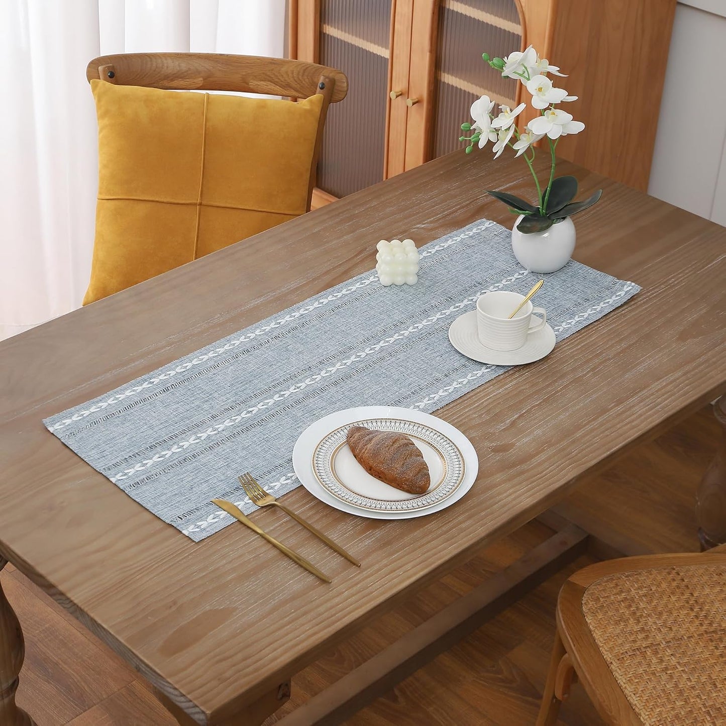Gernaice 2PCS Boho Table Runner, Rustic Cotton Linen Farmhouse Table Runners for Dresser End Coffee Table Home Decor, 24" L X 13" W Blue