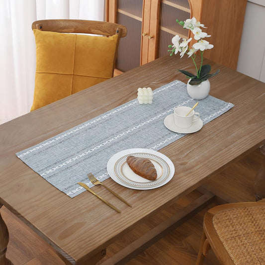 Gernaice Boho Table Runner, Rustic Cotton Linen Farmhouse Table Runners for Dresser End Coffee Table Home Decor, 36" L X 13" W Blue