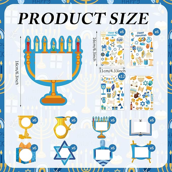Jetec 48 Sets Hanukkah Picture Frames Craft Kit DIY Photo Frames Sticker Craft Make Your Own Paper Picture Frame for Home Activities Party Favors Decorations(Blue)