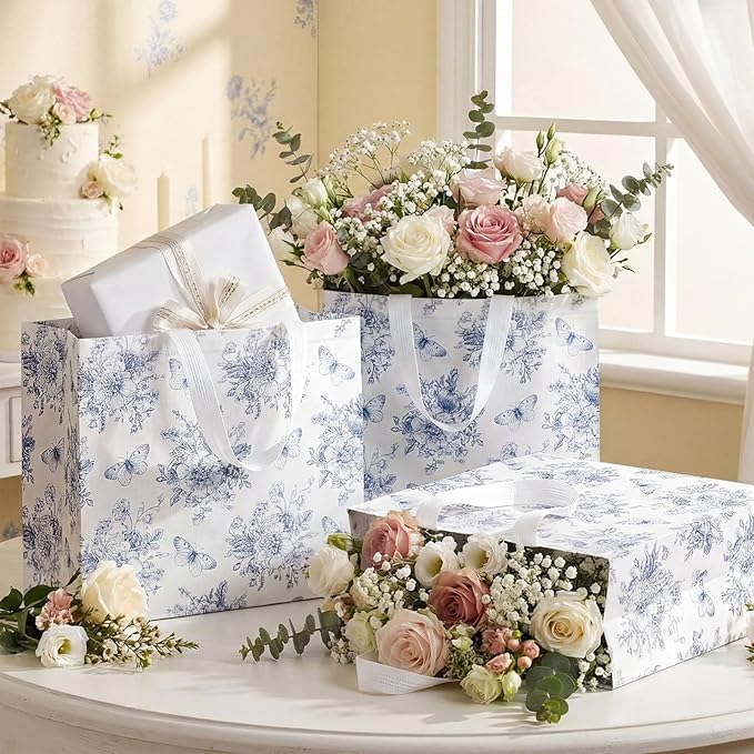 Abbylike 30 Pack Blue Floral Reusable Gift Bag Bulk Large Floral Print Shopping Bag Blue White Tote Non Woven Tote for Wedding Birthday Family Holiday Travel, 12.2 x 11.02 x 4.72 Inches