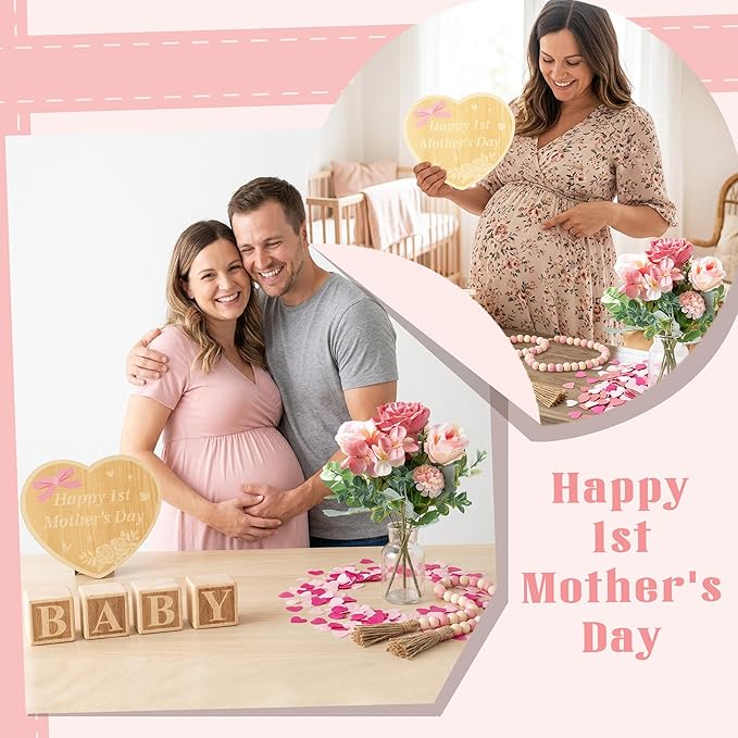 Mother's Day Pregnancy Announcement Set - 8Pcs Coming Soon Baby Announcements Ideas Include Wooden Sign Flower Beads Garland New Mom Pregnancy Reveal Photo Props for Grandparents Dad Husband Family