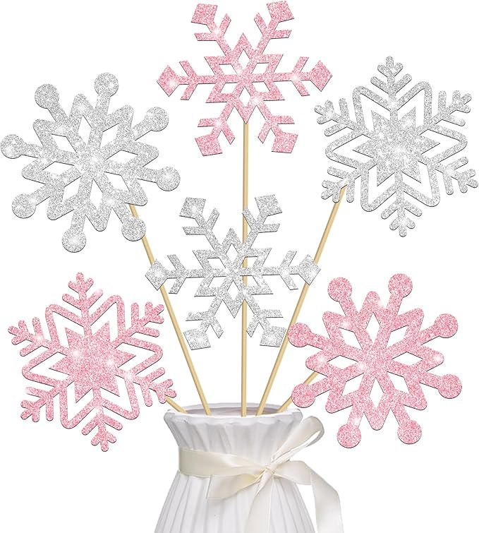 Frozen Party Snowflake Centerpiece Sticks Glitter Winter Wonderland Decorations 12PCS Snowflake Table Topper Centerpieces for Thanksgiving Christmas Birthday Party Supplies