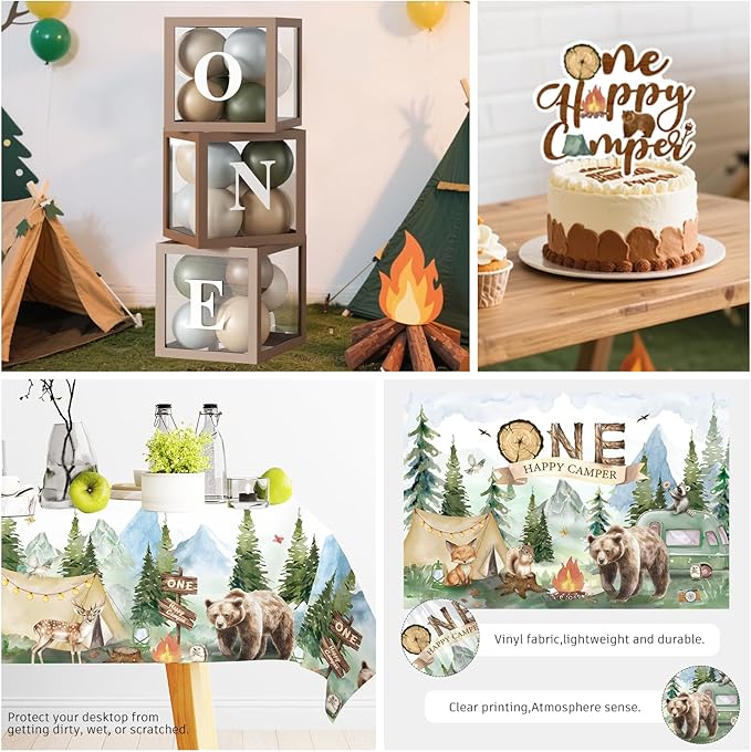 230PCS Camper 1st Birthday Decorations, All-in-1 Supplies Pack, Includes 20 Camper Theme Tableware, Backdrop, High Chair Banner, Tablecloth Balloon Kit for 1st Birthday Party Themes