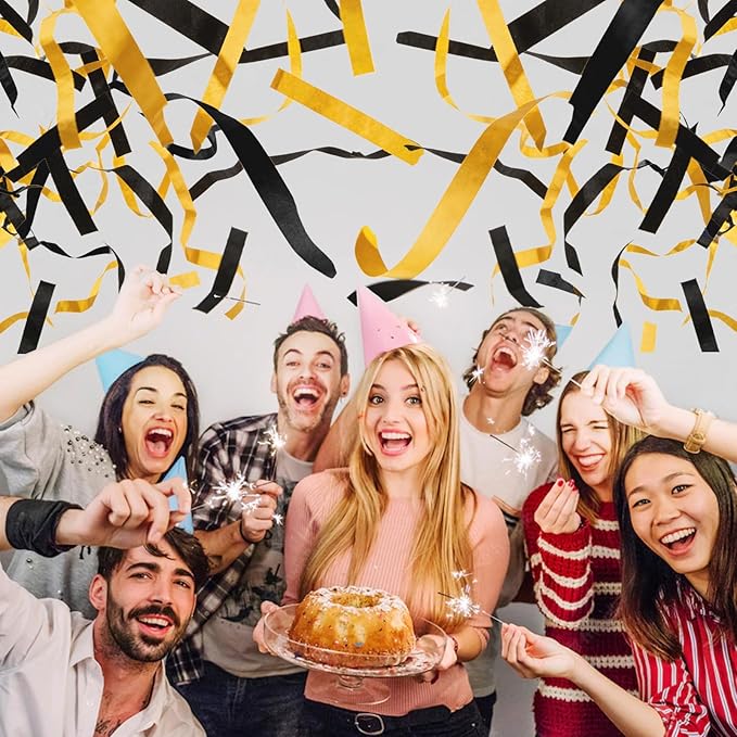 12" Black and Gold Streamers for Birthday Graduation Wedding New Year Celebrations - Easy to Use, Biodegradable Confetti - Pack of 2