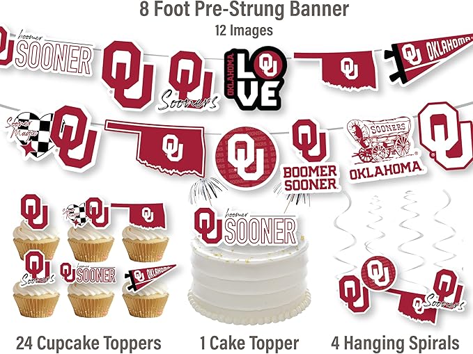 University of Oklahoma Party Supplies for Football, Birthday Gift, Graduation Party Banner and Cake Toppers (42 Pieces) (Oklahoma Sooners)