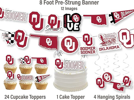 University of Oklahoma Party Supplies for Football, Birthday Gift, Graduation Party Banner and Cake Toppers (42 Pieces) (Oklahoma Sooners)