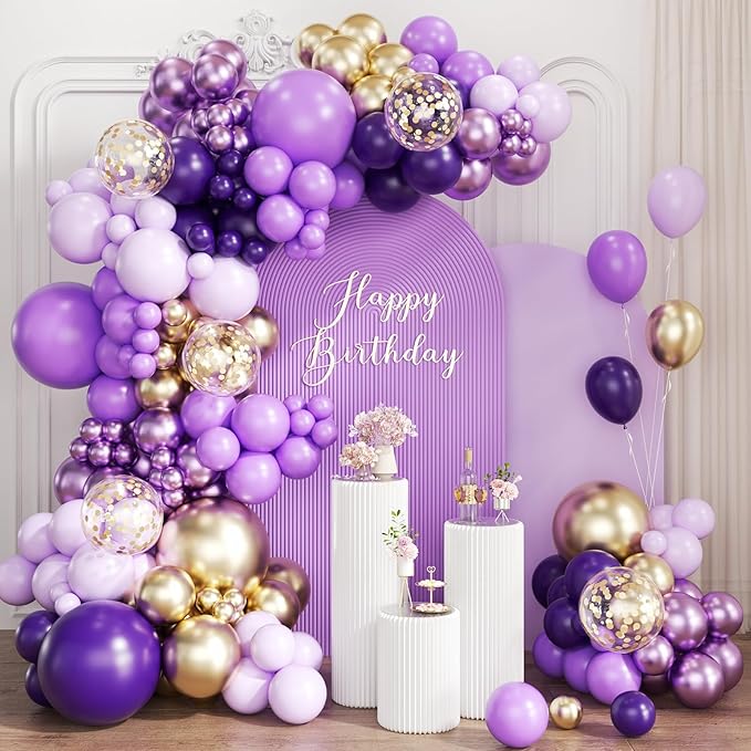 Purple and Gold balloon Arch Kit, 167Pcs Dark Light Metallic Lavender Purple Gold Chrome and Confetti Balloon for Women Girl Princess Birthday, Wedding Graduation Birthday Party Decorations
