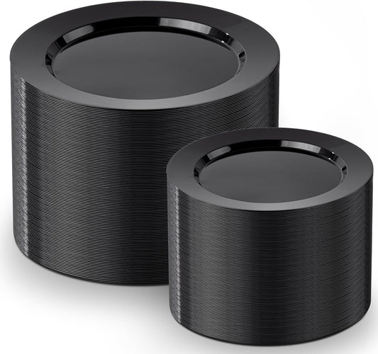 FLOWERCAT 200PCS Black Plastic Disposable Plates for Party - Black Plastic Plates - Serve for 100 Guests for Halloween Parties and Birthday Events
