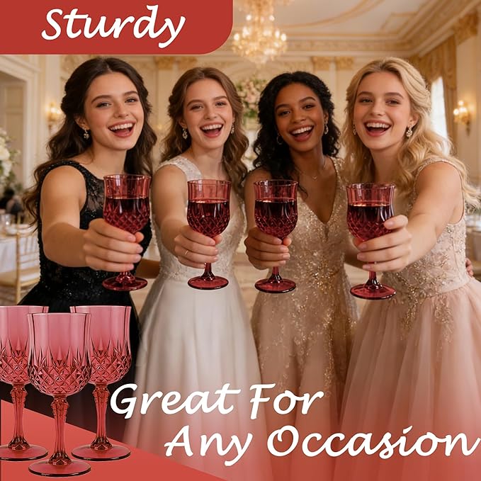 Plastic Wine Glasses, Plastic Goblets Vintage Style Cordial Unbreakable Drinking Glasses, Reusable Drinkware for Wedding Reception, Grand Event Party Supplies, Easter (12, Scarlet Rose)