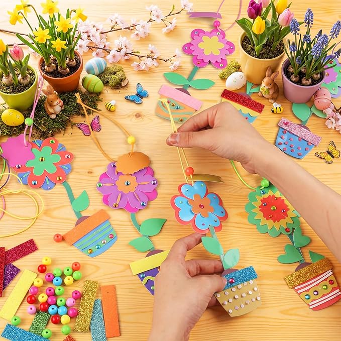 Frienda 48 Set Spring Potted Flower Craft Kit Make Your Own Tulip Sunflower Pot Craft DIY Potted Flower Ornaments Decorations Gift for Kids Classroom Activities Birthday Mother's Day Party Favors