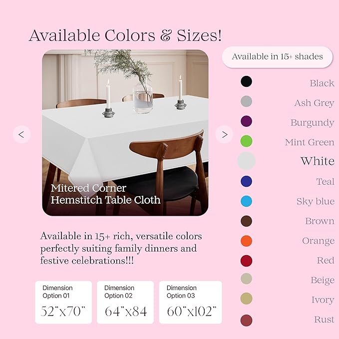 White Tablecloth, 100% Cotton, Tabletop 52x70 Inch, Fits 4-6 Seats, Durable, Washable, Rectangle Table Cloth for Dining, Weddings, Holiday Celebrations, Elegant Décor, All Seasons