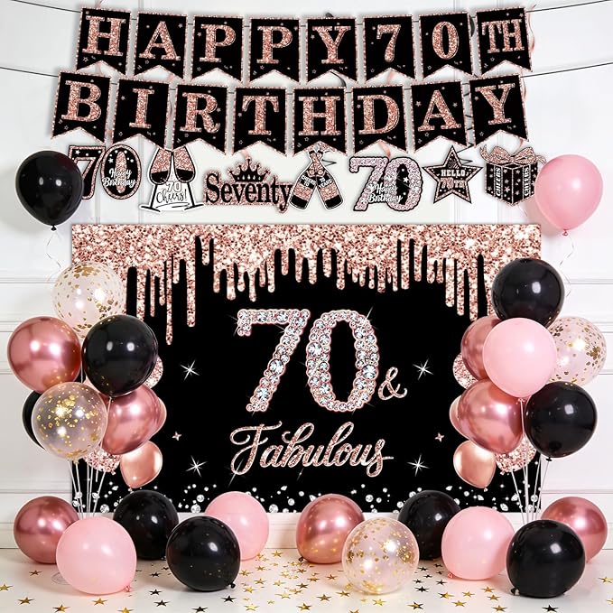 70th Birthday Decorations for Women, 38-Piece Black and Rose Gold 70 Years Old Party Supplies with Backdrop, Honeycomb Centerpieces, Banner, Hanging Swirls, Porch Banner, Balloons, Sash, Crown