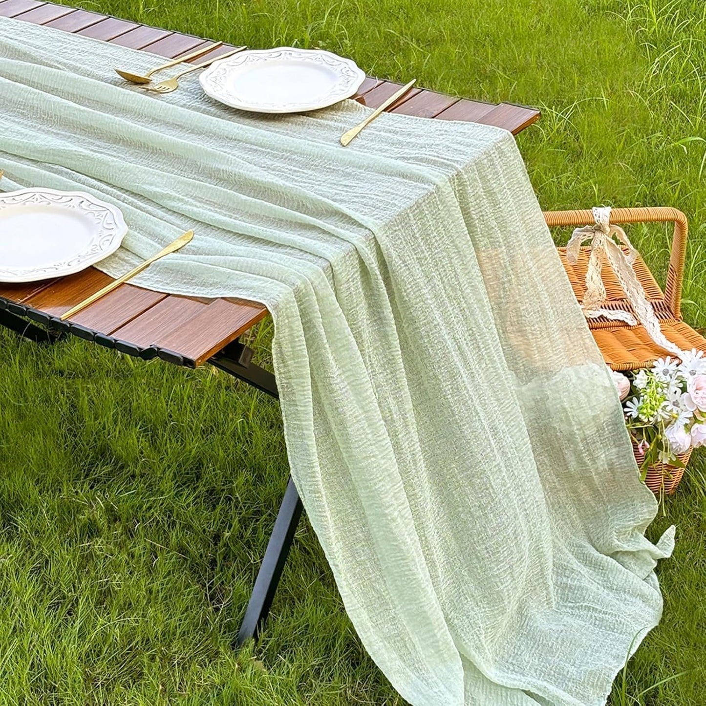 FEXIA Table Runner Sage Green Cheesecloth Table Runner 30x118 Inches for Baby Shower Decorations Spring Easter Decor Rustic Gauze for Wedding Bridal Shower First Communion Home Decor