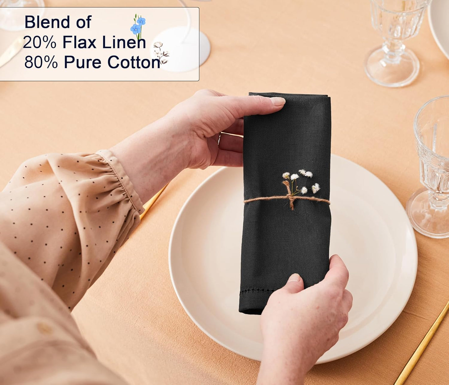 Ruvanti Premium Linen Napkins Set of 4-20x20 Inch, Classic Hemstitch, Mitered Corner Cloth Napkins‎‎ - Soft, Elegant Dinner Napkins Cloth Washable for Weddings, Parties, Everyday Use - Black