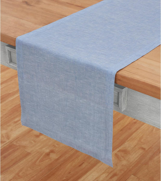 Solino Home Linen Table Runner 120 Inches Long - Athena, 100% Pure Linen Chambray Blue Table Runner 14 x 120 Inch for Dining