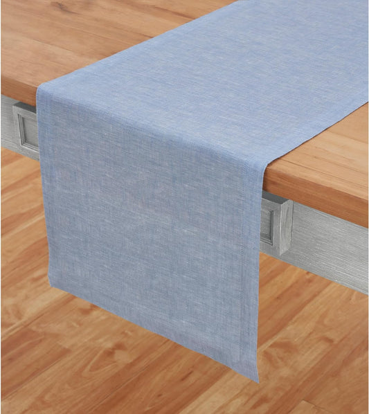 Solino Home Linen Table Runner 72 Inches Long - Athena, 100% Pure Linen Chambray Blue Table Runner 14 x 72 Inch for Dining, Christmas