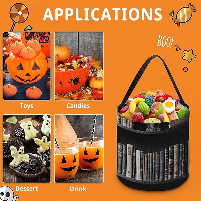 Halloween Candy Bucket - Goth Bookshelf Trick Or Treat Candy Bag, Gift Bag for Party Favor Supplies
