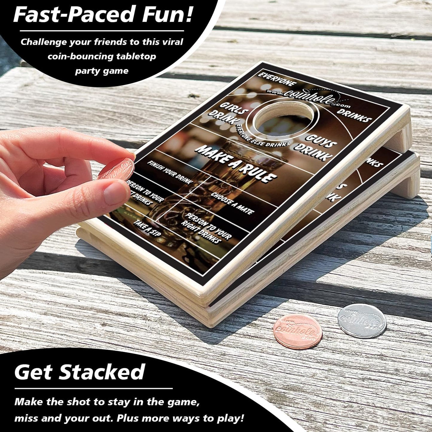Coinhole Desktop Coin Bouncing Party Game Set | Tabletop Cornhole Board Game | Small Cornhole Travel Game Includes Coins