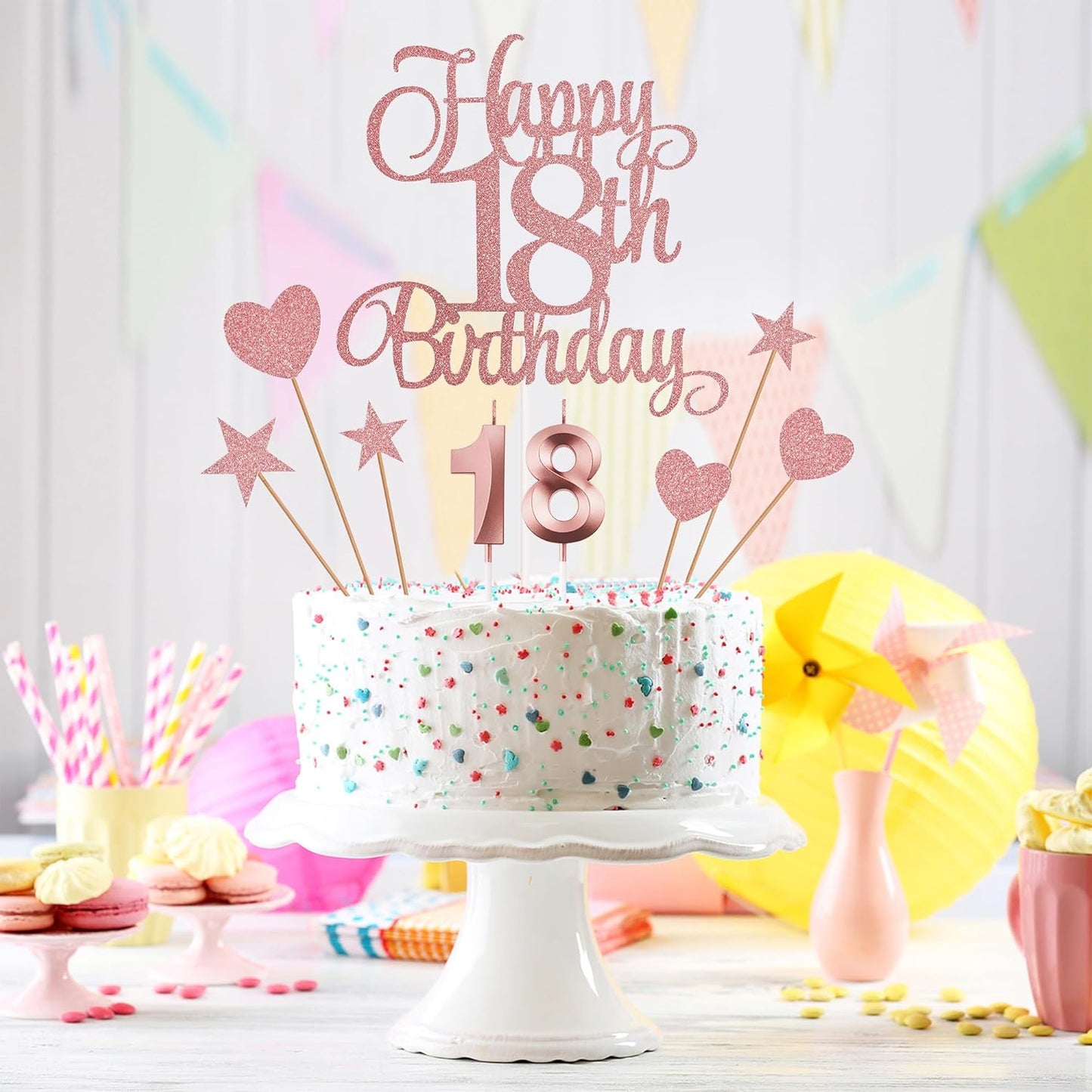 18th Birthday Cake Decorations, 18th Birthday Candles Cake Numeral Candles and Glitter Happy 18th Birthday Cake Toppers Set for Birthday Party Supplies (Rose Gold)