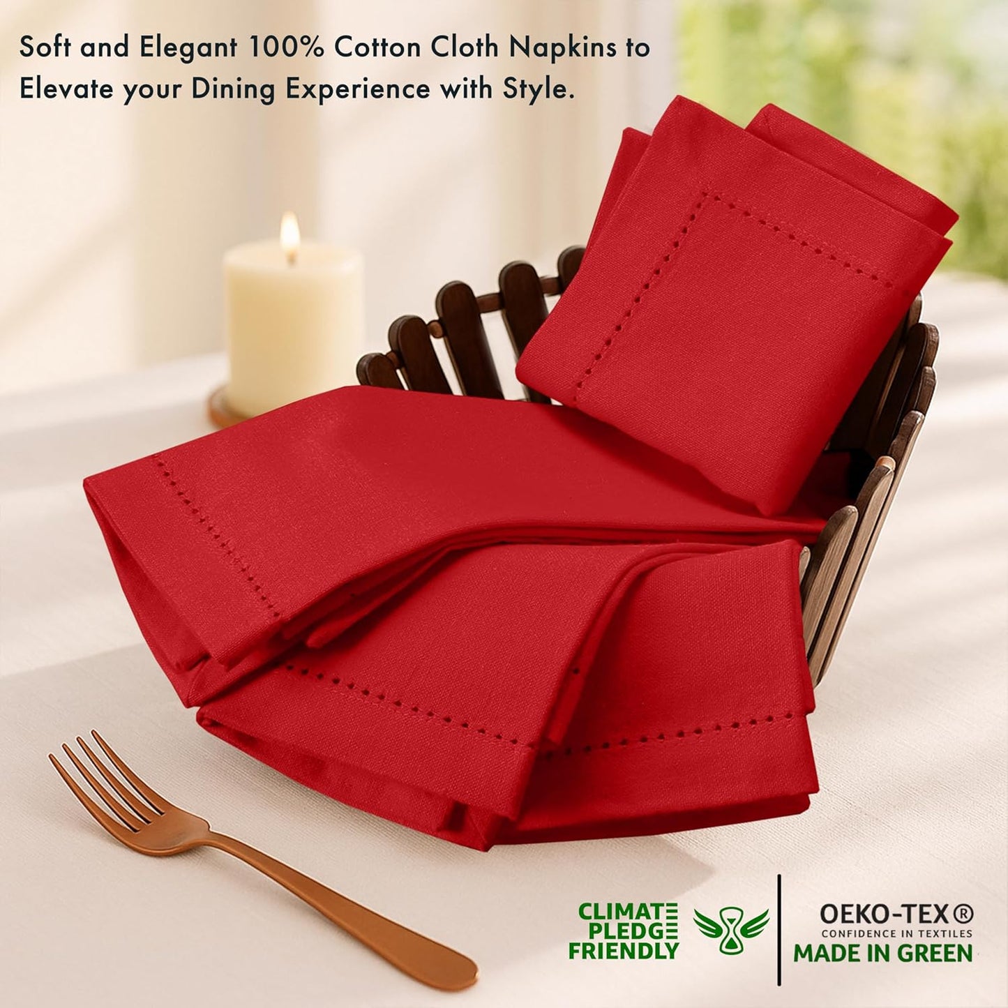 Ruvanti Cloth Napkins - 100% Cotton Dinner Napkins, Hem Stitched Corners, 18x18 Inch, 12 Pack - Soft, Absorbent, Durable, Reusable, Wrinkle Resistant for Formal Dining & Everyday Use - Flame Scarlet