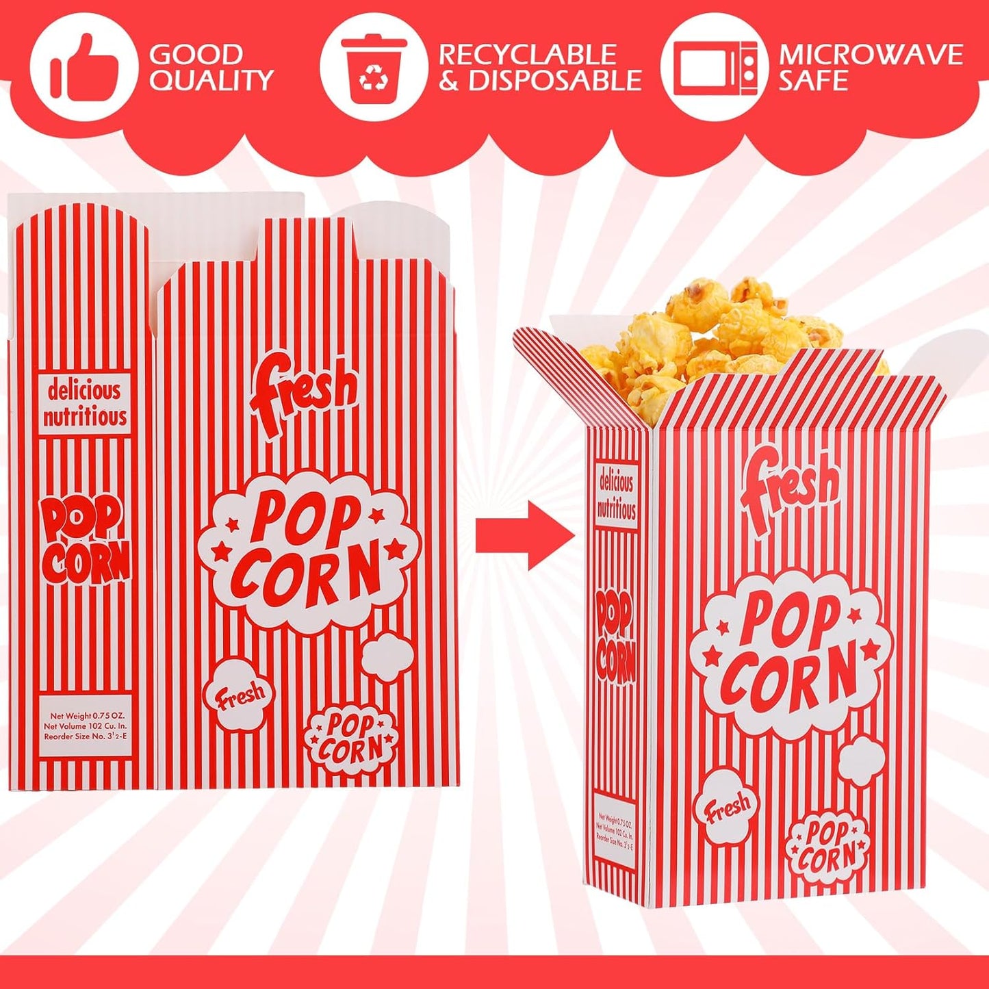 Ireer 200 Pcs 0.75 oz Popcorn Boxes, Popcorn Containers for Movie Party, Bulk Red and White Striped Paper Boxes for Puffed Rice Machine Theater Night Carnival Circus Party Supply