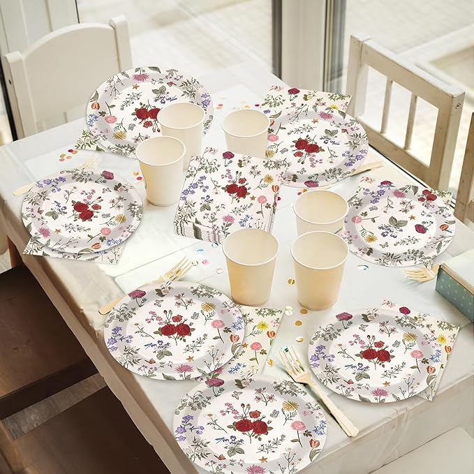 OBUSATT 96Pcs Wild Floral Party Supplies Wild Floral Paper Plates Napkins Spring themd Flowers Party Decorations Tea Dinnerware Favor Birthday Wedding Bridal Shower Baby Shower Tableware Serves 24